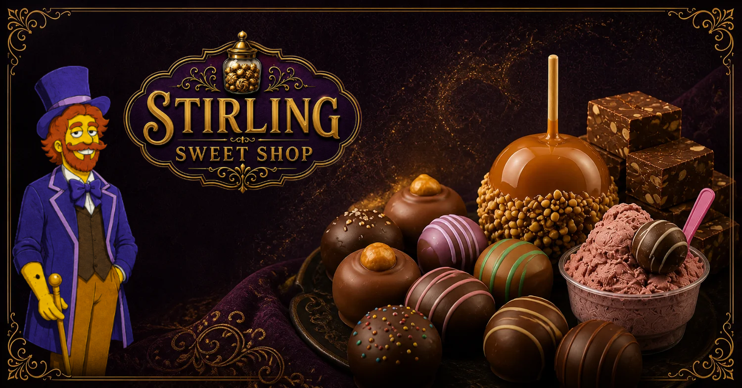 Chocolates, fudge, gelato, and a caramel apple arranged on a dark plum confectionery backdrop